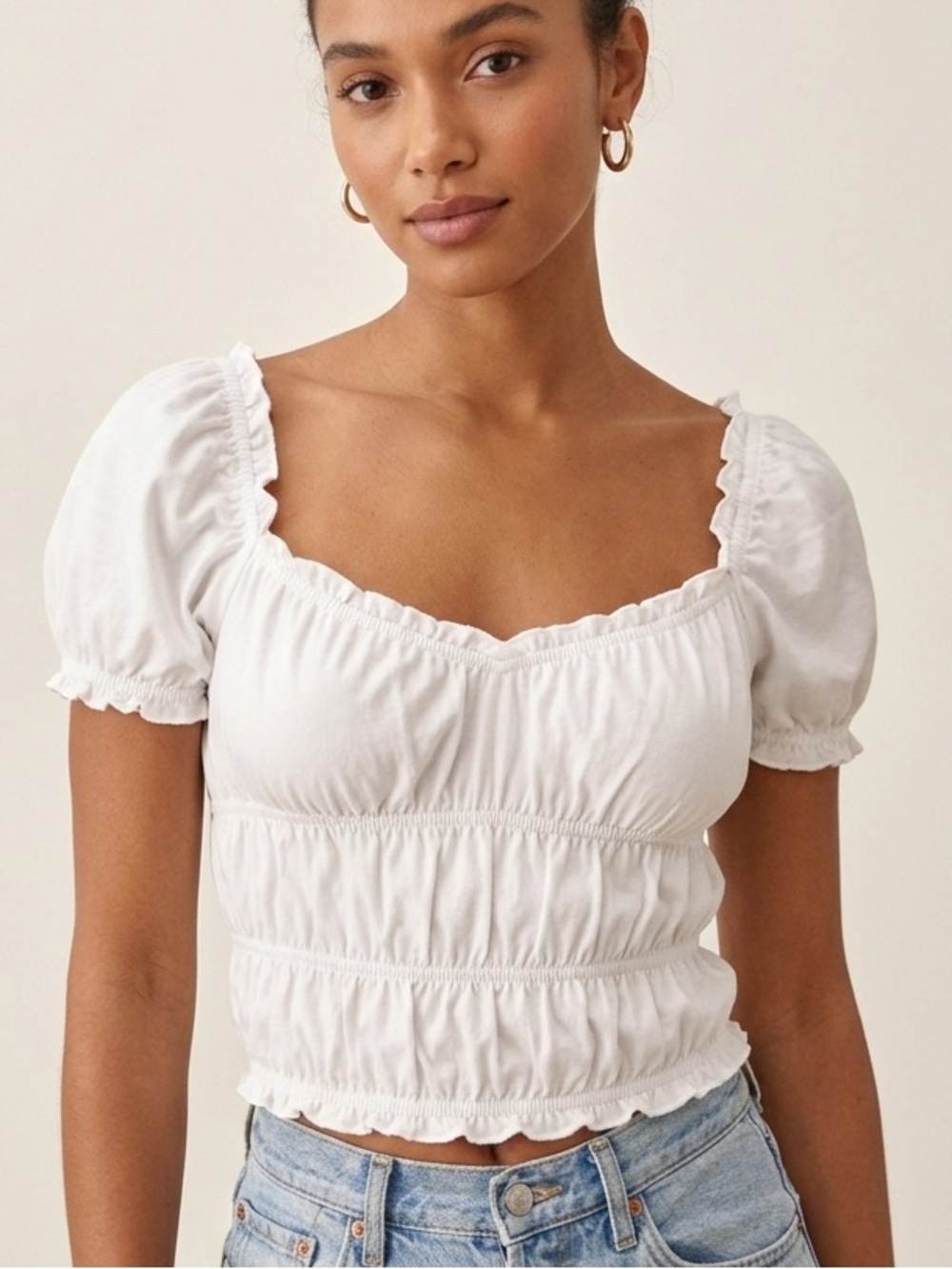 GAP White Puff-Sleeve Smocked Crop Top